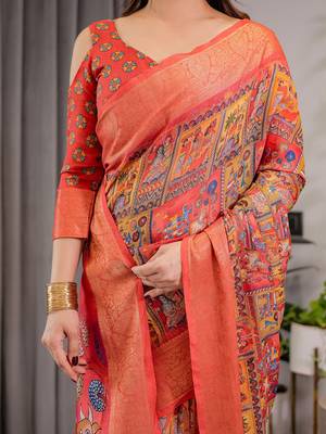 Elegant handloom linen weaved with golden zari saree with floral print & tassel edges     5.5m + 0.8m blouse 4