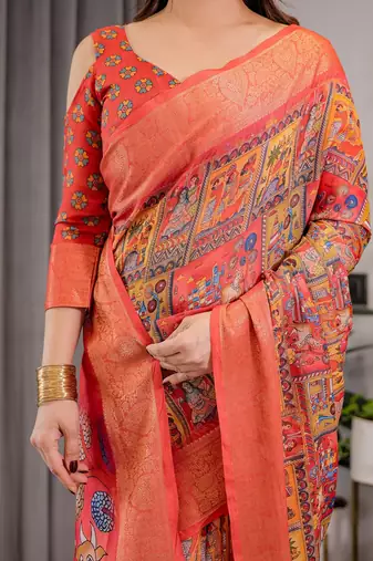 Elegant handloom linen weaved with golden zari saree with floral print & tassel edges     5.5m + 0.8m blouse