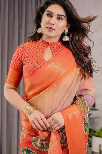 Handloom linen weaved with golden zari floral printed saree with tassels & attached blouse     5.5m