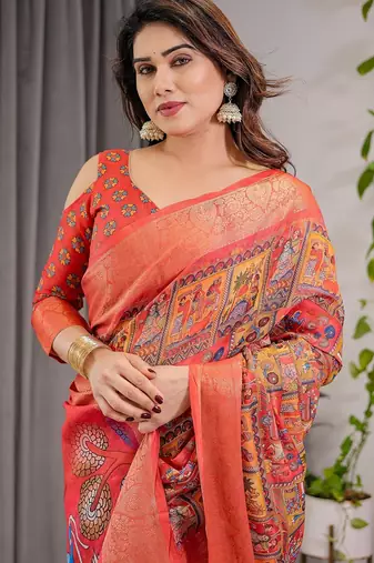 Elegant handloom linen weaved with golden zari saree with floral print & tassel edges     5.5m + 0.8m blouse