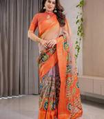 Handloom linen weaved with golden zari floral printed saree with tassels & attached blouse     5.5m