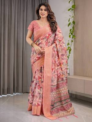 Soft handloom linen weaved with golden zari saree with multicolor floral print and tassel edges 1