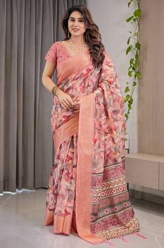 Soft handloom linen weaved with golden zari saree with multicolor floral print and tassel edges