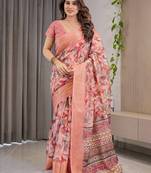 Soft handloom linen weaved with golden zari saree with multicolor floral print and tassel edges