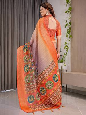 Handloom linen weaved with golden zari floral printed saree with tassels & attached blouse     5.5m 5