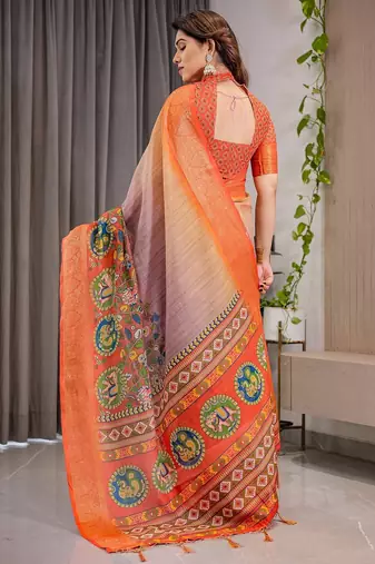 Handloom linen weaved with golden zari floral printed saree with tassels & attached blouse     5.5m