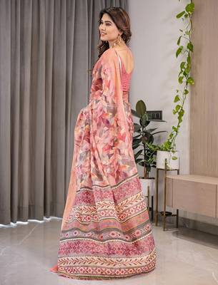 Soft handloom linen weaved with golden zari saree with multicolor floral print and tassel edges 3