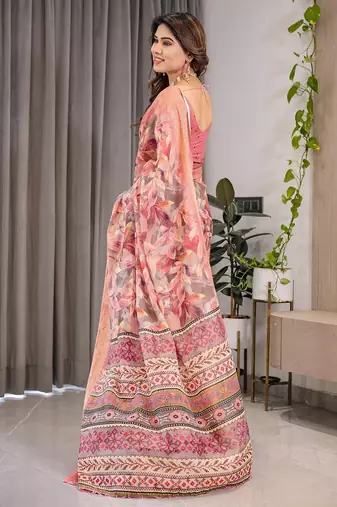 Soft handloom linen weaved with golden zari saree with multicolor floral print and tassel edges