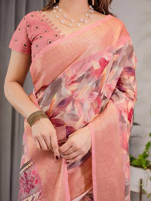 Soft handloom linen weaved with golden zari saree with multicolor floral print and tassel edges 4
