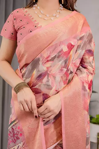 Soft handloom linen weaved with golden zari saree with multicolor floral print and tassel edges