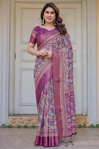 Party wear handloom cotton floral printed saree with blouse fabric