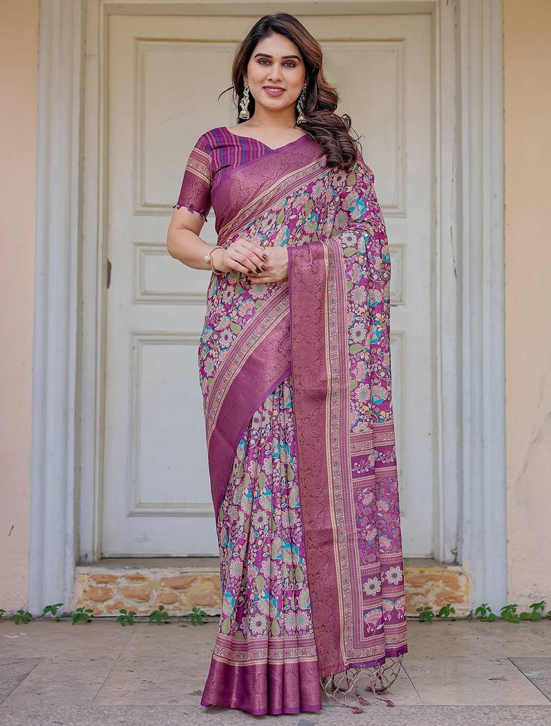 Party wear handloom cotton floral printed saree with blouse fabric