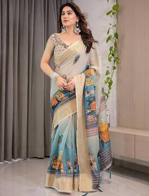 Women   s handloom linen weaved with golden zari saree     floral printed with attached blouse & tassels 1