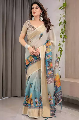 Women   s handloom linen weaved with golden zari saree     floral printed with attached blouse & tassels