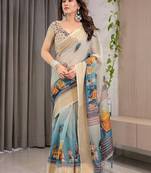 Women   s handloom linen weaved with golden zari saree     floral printed with attached blouse & tassels
