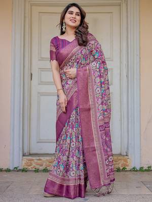 Party wear handloom cotton floral printed saree with blouse fabric 2