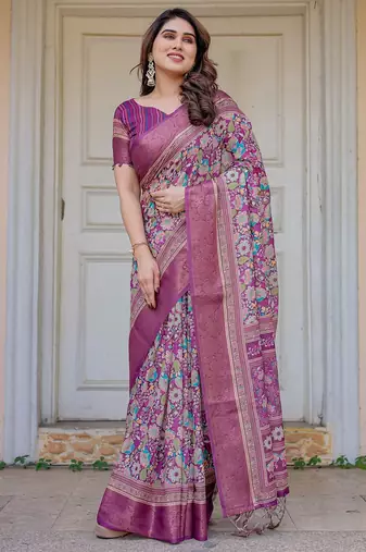 Party wear handloom cotton floral printed saree with blouse fabric