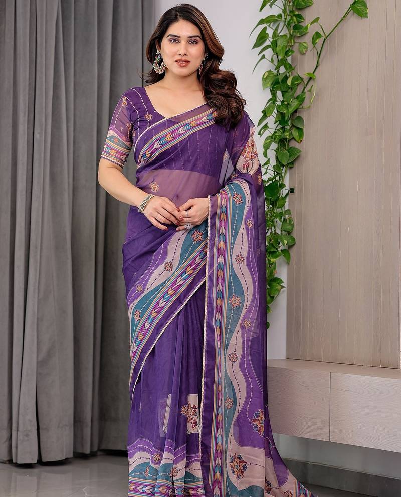 Luxury organza print saree collection with colorful edge borders