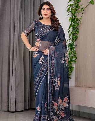 Premium printed organza sarees with multicolor border finish 1