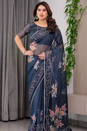 Premium printed organza sarees with multicolor border finish