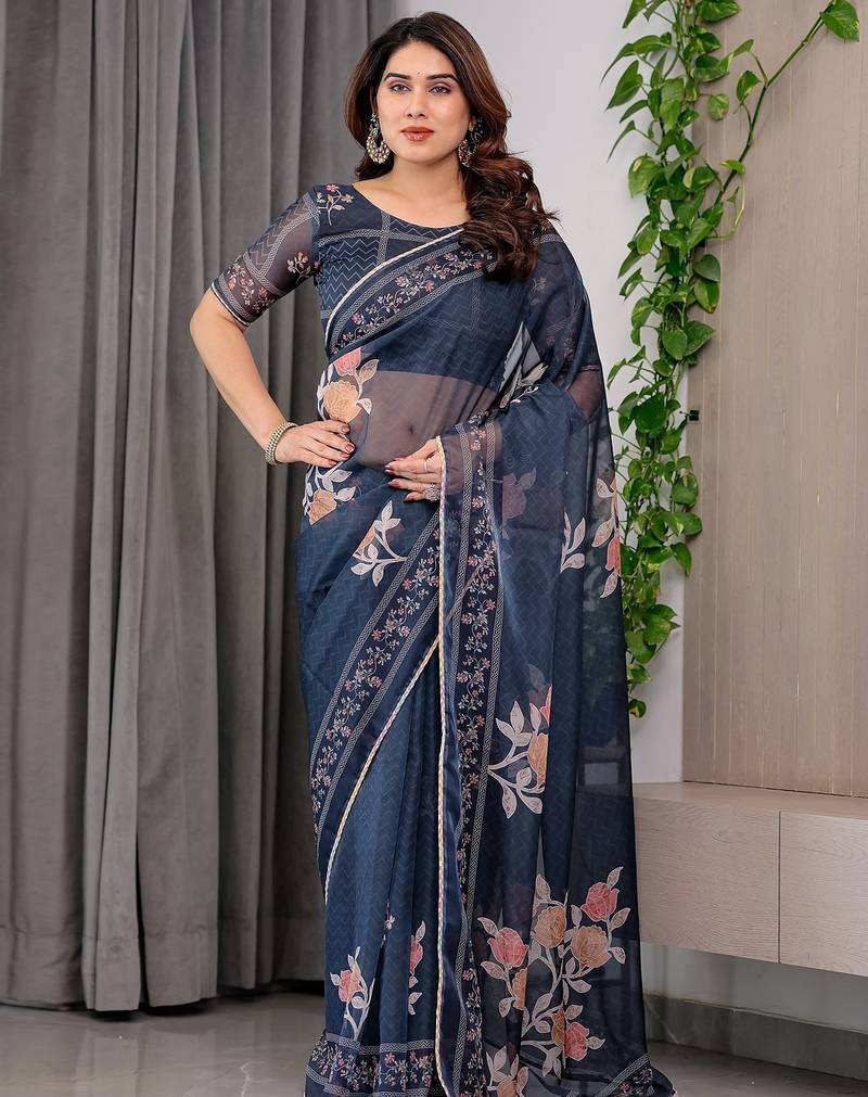 Premium printed organza sarees with multicolor border finish