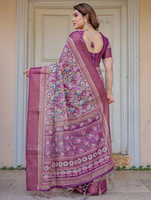 Party wear handloom cotton floral printed saree with blouse fabric 3