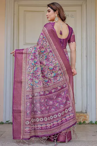 Party wear handloom cotton floral printed saree with blouse fabric