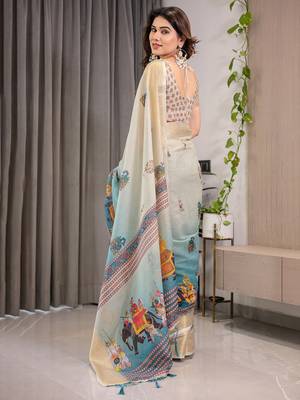 Women   s handloom linen weaved with golden zari saree     floral printed with attached blouse & tassels 3