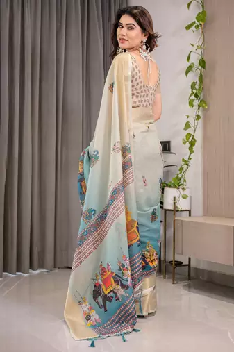 Women   s handloom linen weaved with golden zari saree     floral printed with attached blouse & tassels