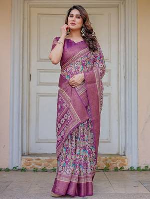 Party wear handloom cotton floral printed saree with blouse fabric 4