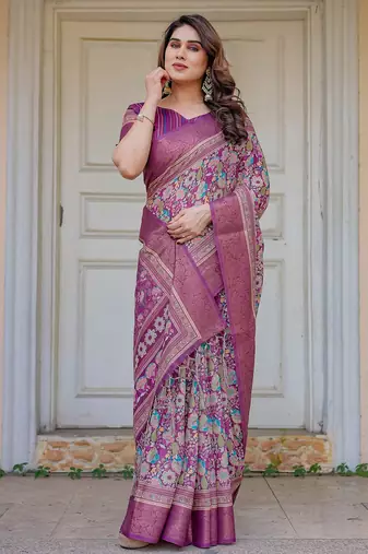Party wear handloom cotton floral printed saree with blouse fabric