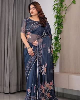 Premium printed organza sarees with multicolor border finish 2