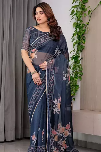 Premium printed organza sarees with multicolor border finish
