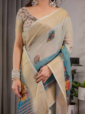 Women   s handloom linen weaved with golden zari saree     floral printed with attached blouse & tassels 4