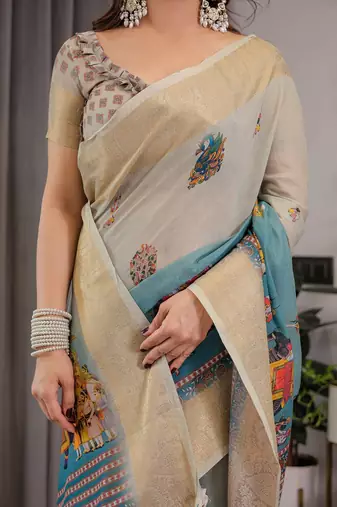 Women   s handloom linen weaved with golden zari saree     floral printed with attached blouse & tassels