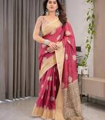 Linen weaved with golden zari linen weaved with golden zari blend handloom saree with floral motif and tassel border