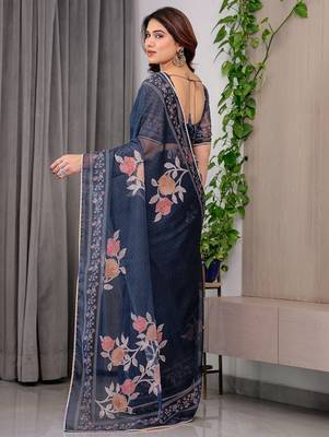 Premium printed organza sarees with multicolor border finish 3
