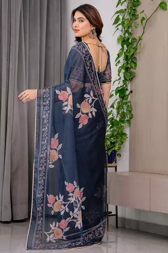 Premium printed organza sarees with multicolor border finish