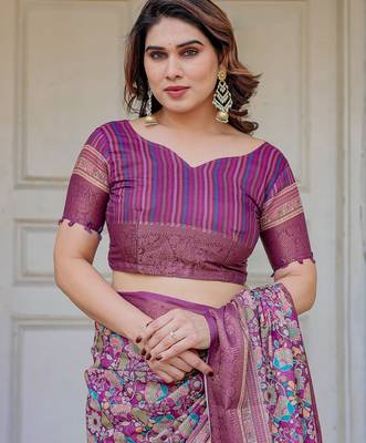 Party wear handloom cotton floral printed saree with blouse fabric 5