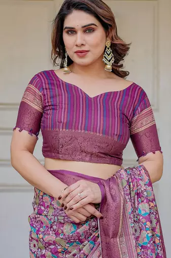 Party wear handloom cotton floral printed saree with blouse fabric