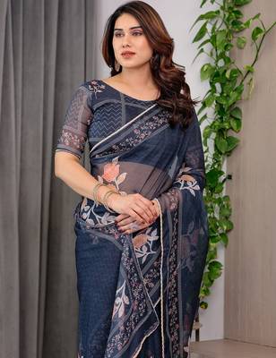 Premium printed organza sarees with multicolor border finish 4