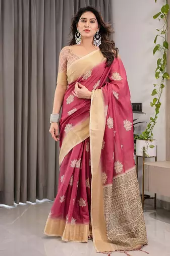 Linen weaved with golden zari linen weaved with golden zari blend handloom saree with floral motif and tassel border