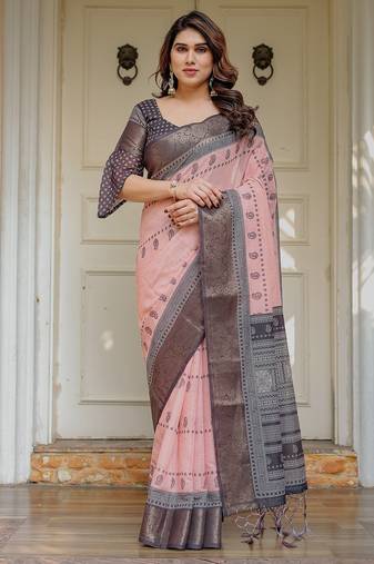 Women's ethnic handloom cotton floral printed saree with blouse
