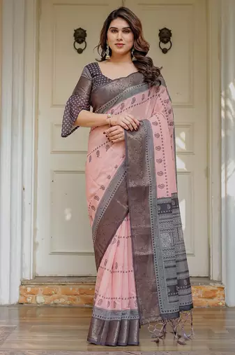 Women's ethnic handloom cotton floral printed saree with blouse