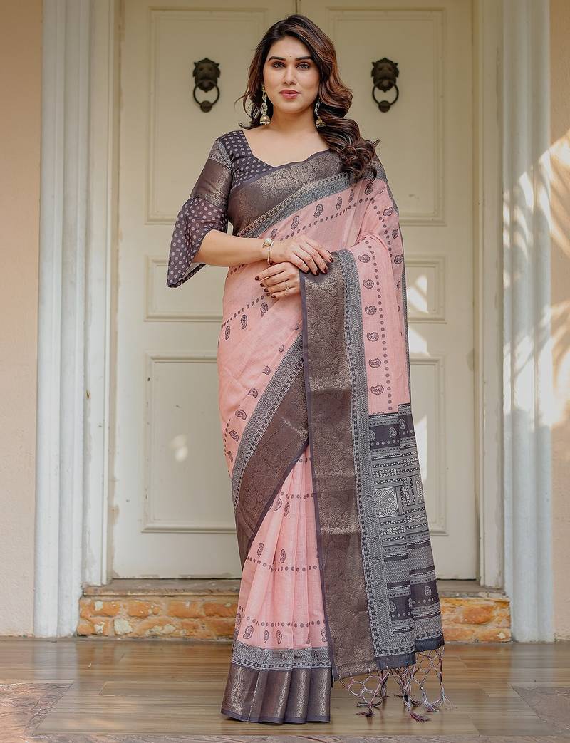 Women's ethnic handloom cotton floral printed saree with blouse