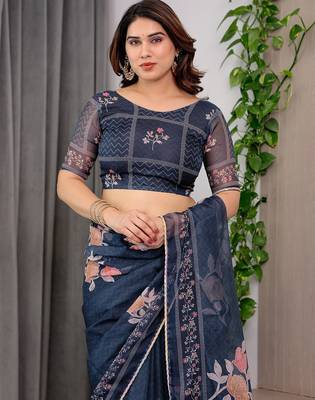 Premium printed organza sarees with multicolor border finish 5