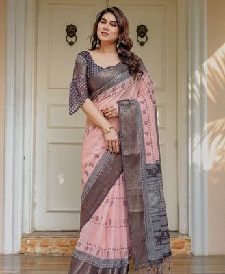 Women's ethnic handloom cotton floral printed saree with blouse 2