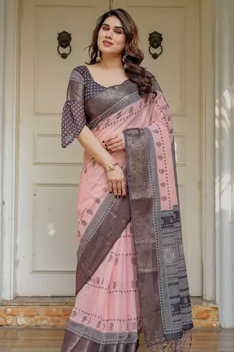 Women's ethnic handloom cotton floral printed saree with blouse