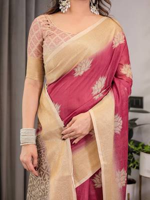 Linen weaved with golden zari linen weaved with golden zari blend handloom saree with floral motif and tassel border 4
