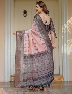 Women's ethnic handloom cotton floral printed saree with blouse 3